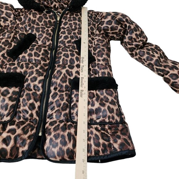 Juicy Couture Womens Puffer Coat Jacket Small Brown Cheetah Leopard Fur Hooded - Picture 15 of 16